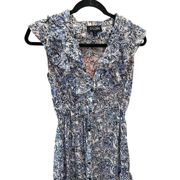 Saloni Lizzie Silk Maxi Dress Blue Ruffle Floral Sleeveless V Neck Tie Waist XS - Picture 9 of 14